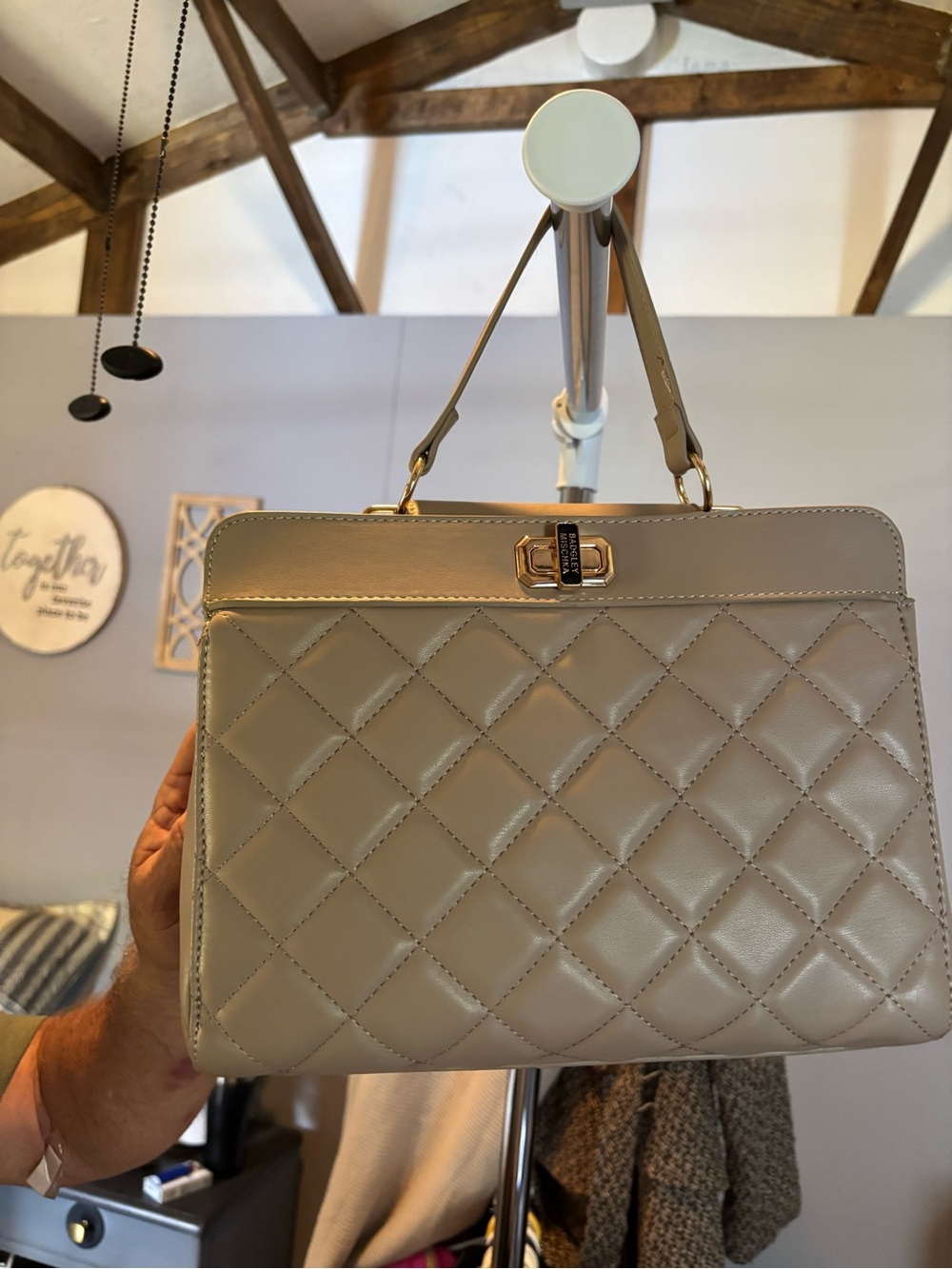 Badgley Mischka Quilted Top-Handle Bag in Taupe